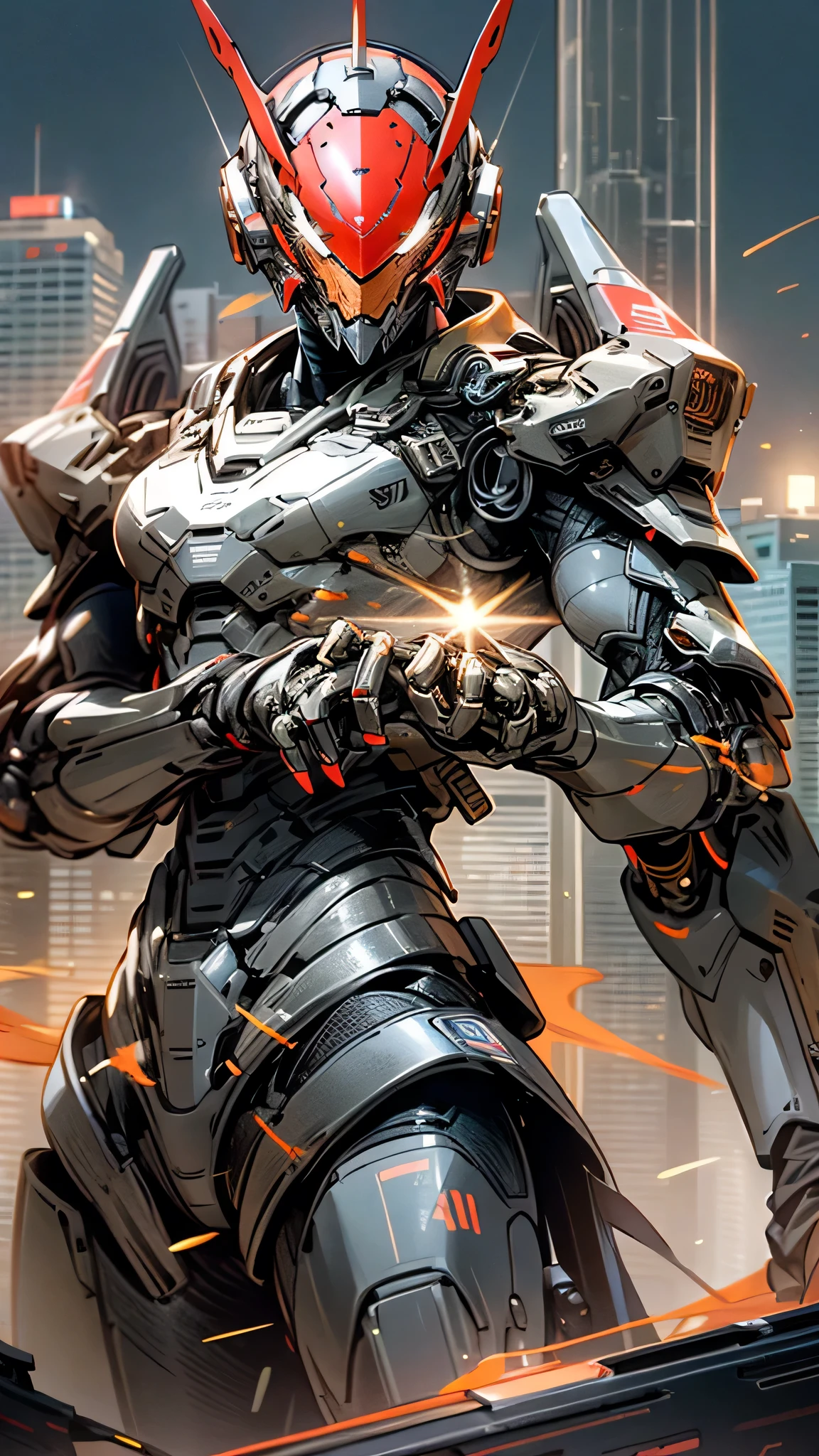 最high quality、Best image quality、masterpiece、Giant Mecha((Humanoid、Black body、Railgun、Body Armor、Jetpack、Red visor))high quality、Beautiful art、background((City)),Tabletop、Exquisite design、Visual Arts、Depth of written boundary、Best lighting、Highest detail、8k
