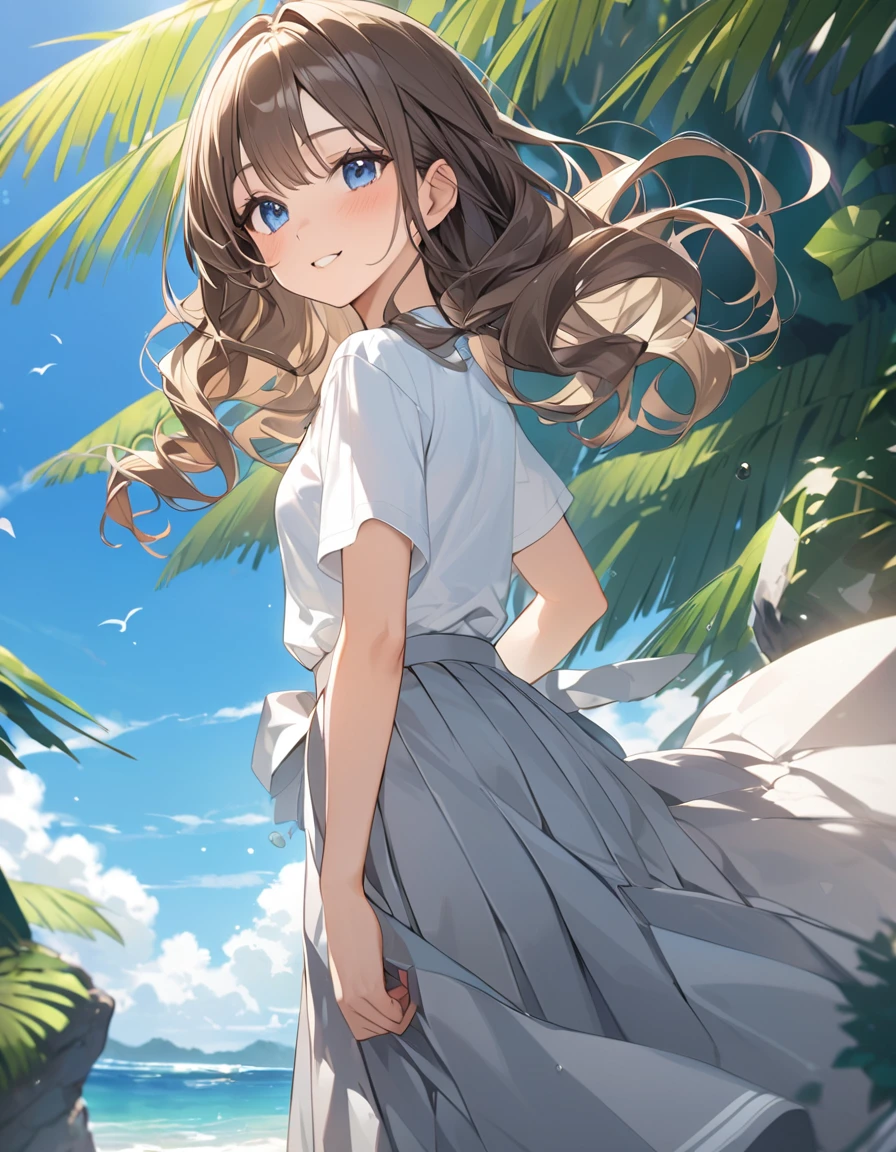 (Highest qualityのイラスト:1.2), (pretty girl:1.1), (1 girl、、Highest qualityのイラスト:1.2), (1 girl、smile、Small breasts、blue eyes)、 Brown Hair、short hair、Wavy Hair、Curly Hair、Low Twintails、(Highest quality、Very detailed、Very detailed and beautiful、Ultra-high resolution) 、,{white business shirt:1.2、Short sleeve、Grey pleated skirt、long skirt}、Outdoor、summer、blue sky、Small breasts、from behind