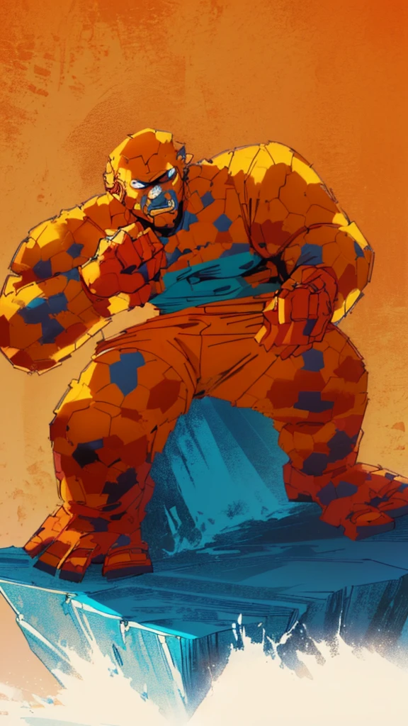a cartoon of Marvel comic book character 'The Thing', an orange rock man in a blue shorts, positing on rock super hero pose, from the thing, high detail iconic character, posing for a fight intricate, crouching humanoid, the thing, most strongest pose, clenching, by Robert Richenburg, fighting pose, buff man, heroic masculine pose, aggressive pose, serpentine pose gesture