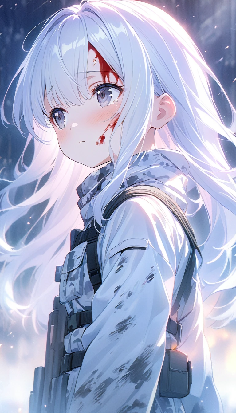 Luminous design, Soft colors,masterpiece:1.2), best quality , 独奏:2 ,pixiv, anime girl ,long straight white hair , black eyes ,Wearing off-white camouflage uniform ,ten years old,modern battlefield,(Eyes looking into the distance:1.3),(look away:1.5),snowy weather,dirty face,blood on forehead,dirty face,Backlight,Bare rocky peaks ,The expression is sad,leave tears,