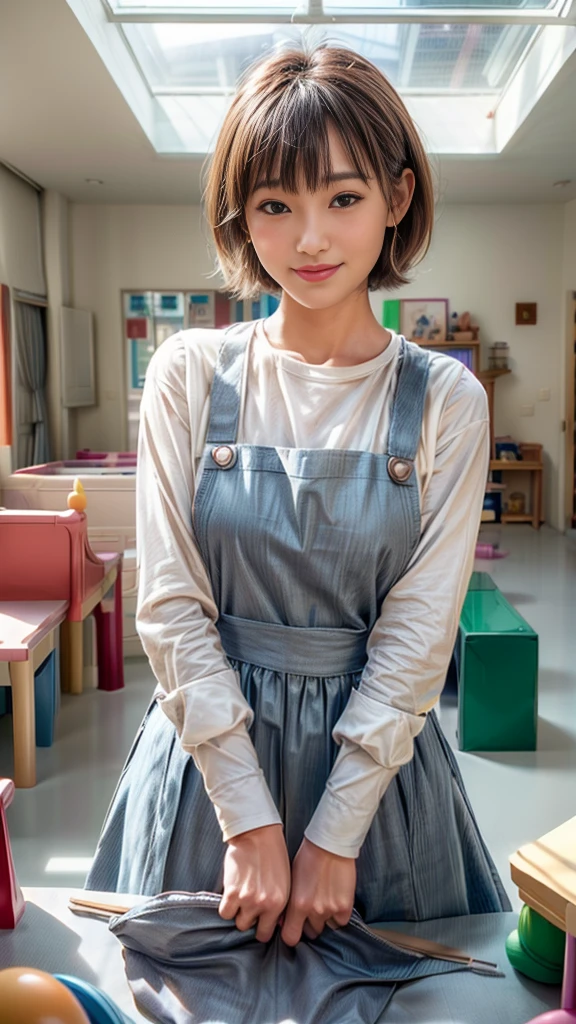 Browsing Caution:1.35、close range、Beautiful woman、cute、((Female Nursery Teacher))、smile、Extra Very Short Hair、((Delicate photo))，(Detailed RAW photos of girls), (Tabletop:1.0), (Highest quality:1.6), (Ultra-high resolution:1.5), (Realistic:1.75), 8K resolution, Absurd, Ultra-detailed,Cinema Lighting,、nursery school、Braid、((Wearing an apron:1.2))、(Hairstyle with bangs)、Long sleeve T-shirt、((Colorful kids room:1.1))、((Lots of toys:1.))、Pleated skirt、((cute壁紙の部屋))、