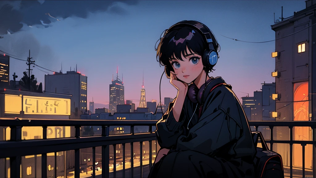Black middle Hair, Black Clothing, One Adult Woman Looking Sideways ,Blue headphones、 City of night, Delicate background、Masterpiece、Night Town、night、dark、Nostalgic、