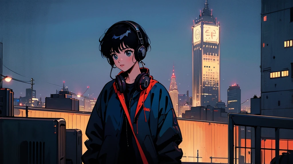 Black middle Hair, Black Clothing, One Adult Woman Looking Sideways ,Blue headphones、 City of night, Delicate background、Masterpiece、Night Town、night、dark、Nostalgic、