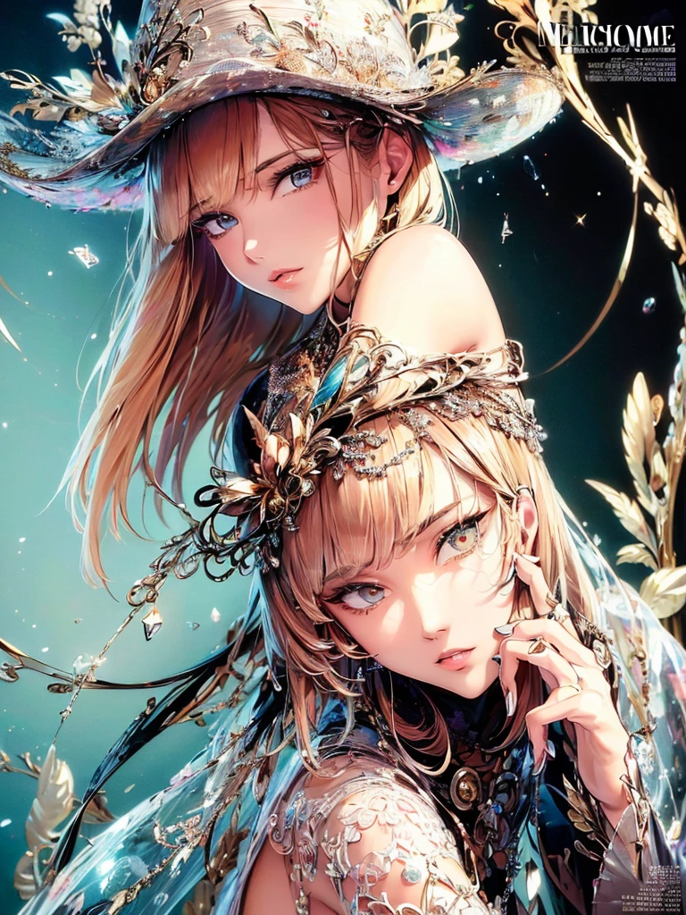 ((Highest quality)),(Ultra-high resolution),(Very detailed),(Detailed Description),((The best CG)),(A masterpiece),Ultra-detailed art,Amazing painting art,(Contemporary art with precise details:1.5),(Fashion magazine cover:1.8), (1 female fashion model:1.6),(Beautiful and well-proportioned face:1.5),Fashion Leader:1.6,Powerful gaze:1.4,(Wear your hat at an angle:1.3),Cropped tops,