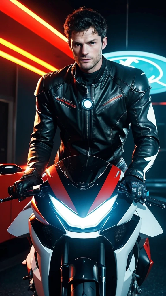 jamie dornan a man riding a futuristic motorcycle, detailed facial features, high quality, photorealistic, dynamic lighting, vibrant colors, cinematic composition, seamless technology integration, advanced engineering, sleek and aerodynamic design, chrome accents, glowing neon highlights, hovering mechanisms, advanced HUD interface, cutting-edge transportation, science fiction, cyberpunk aesthetic