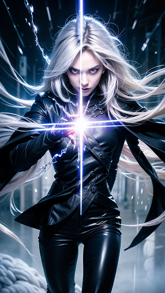 Solo boy, cool pose, white hair, red eyes, glowing eyes, black coat, rain, night, purple particle, Ultra realistic, hyper realistic, detailed lighting, UHD, detailed face, edge lighting, Masterpiece, highest quality, high resolution, detail maniac, high definition, high quality, detailed face, detailed body limbs, detailed five fingers 