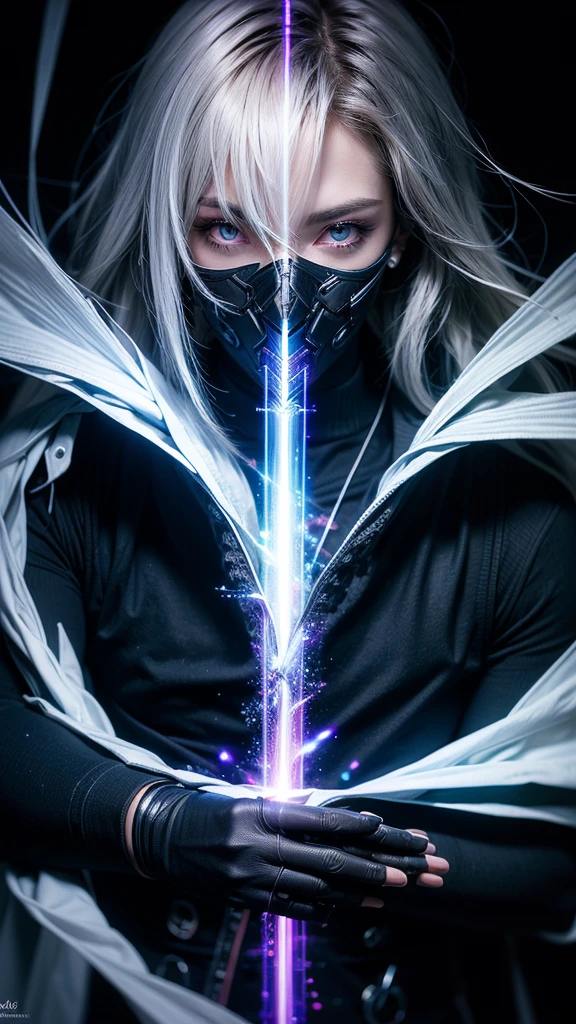 Solo boy, cool pose, white hair, red eyes, glowing eyes, black coat, rain, night, purple particle, Ultra realistic, hyper realistic, detailed lighting, UHD, detailed face, edge lighting, Masterpiece, highest quality, high resolution, detail maniac, high definition, high quality, detailed face, detailed body limbs, detailed five fingers