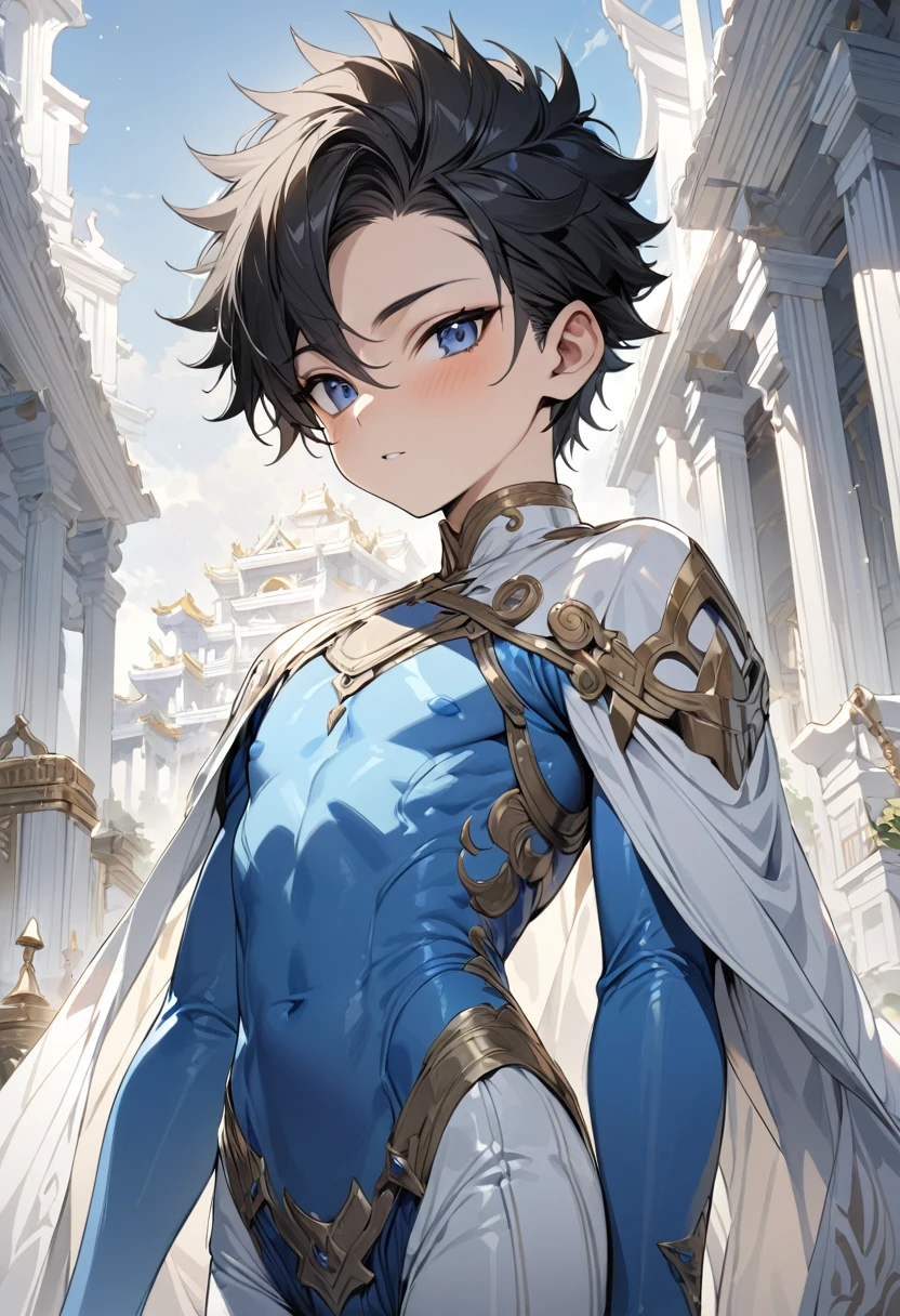 high quality,(best quality,4K,a high resolution,masterpiece:1.2),super detailed,(1 boy),(solo),juvenile,(Male juvenile),handsome and cute boy,black hair, spiked hair,blue bodysuit ,Single photo,the white temple of light,magnificent palace background,Wearing a white cape behind