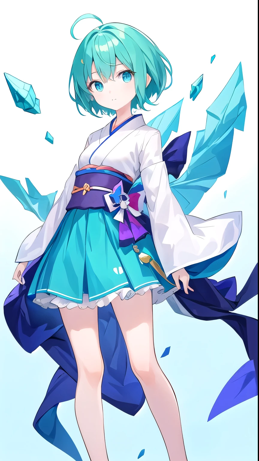 "prompt": "A high-quality anime-style full-body image of an 18-year-old Japanese girl with deep blue eyes, vibrant aquamarine short hair, wearing a simple light sea-green kosode. She has a small nose and is facing forward against a plain white background. The character should have a proportionate body with a four-head tall body ratio. The background is plain white without any text. Only one character should be in the image. The image should be vertically oriented. Emphasize the vertical orientation.",
"size": "1024x1792",
"n": 1
}