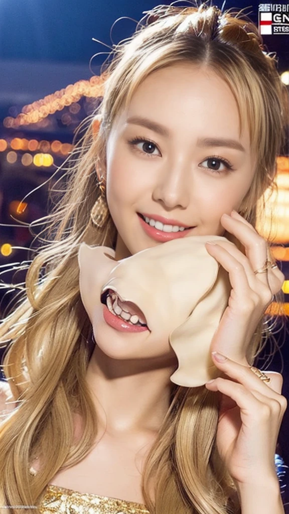 masterpiece, Highest quality, (Realistic,photo-Realistic:1.4), (RAW Photos:1.2), Highly detailed CG Unity 8k wallpaper, Delicate and beautiful, wonderful,In detail, Official Art, Absurd, incredibly Absurd, Large file size, Super detailed,Highly detailed eyes and face,Light on the face,Ino Yamanaka,(A small smile),(Blonde:1.4),(Long Hair:1.6),(Gold Dress:1.4),garden,ponytail
