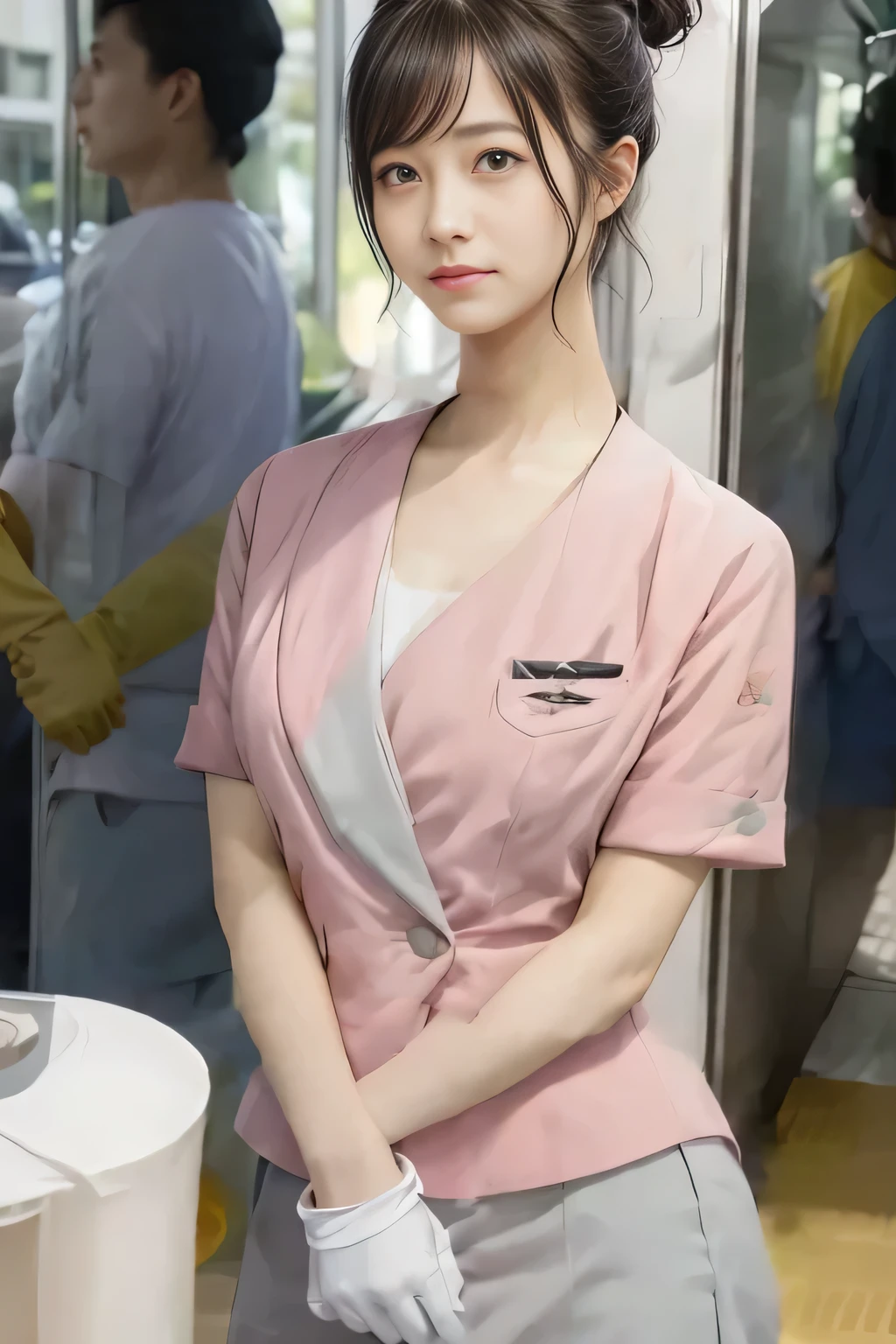 (masterpiece:1.2, Highest quality:1.2), 32k HDR, High resolution, (alone、1 girl)、(On the rooftop of a building in the daytime、Professional Lighting)、Building rooftop background、(Nankai train crew uniform pinkを着たリアルスタイル)、(Nankai train crew uniform pink short sleeve collarless pink jacket、Nankai Train Crew Uniform Pink Collarless Short Sleeve Blouse、Nankai Train Crew Uniform Pink Grey Knee-length Culottes)、((The bottom of the pink short-sleeved jacket cannot be tucked into the clay-colored culottes.))、Dark brown hair、(Hair tied up、Hair Bun、Hair Bun)、Dark brown hair、Long Shot、Big Breasts、Thin legs、((Great hands:2.0)),((Harmonious body proportions:1.5)),((Normal limbs:2.0)),((Normal finger:2.0)),((Delicate eyes:2.0)),((Normal eyes:2.0)))、(Nankai Train Crew Uniform Pink Grey Knee-length Culottesを見せた美しい立ち姿)、smile