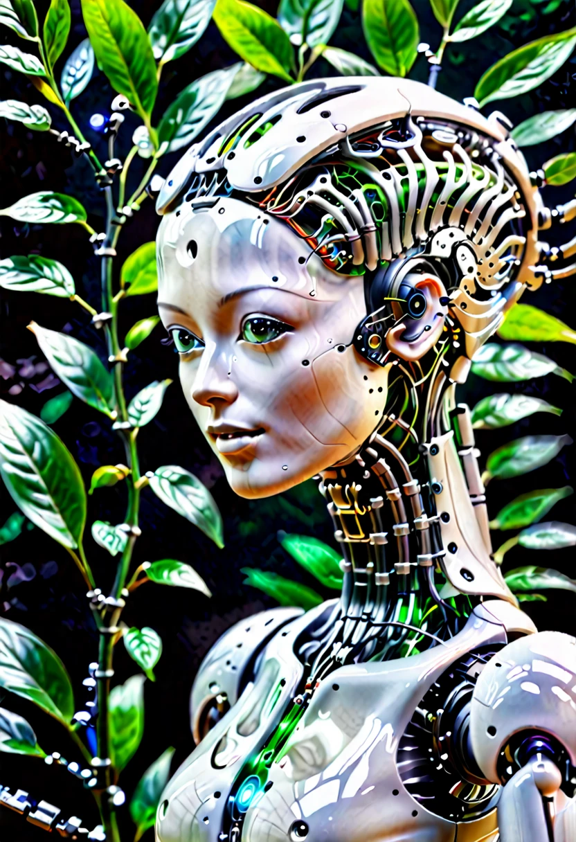A cybernetic garden of biomechanical flora, wires entwined with vines, LED-lit petals, alternative and avant-garde lighting, H.R. Giger meets Yayoi Kusama-style, creatively textured and boldly composed, transporting viewers into an otherworldly synthesis of nature and technology, where artistic imagination knows no bounds, and the blend of alternative aesthetics creates an intriguing and visually captivating experience.