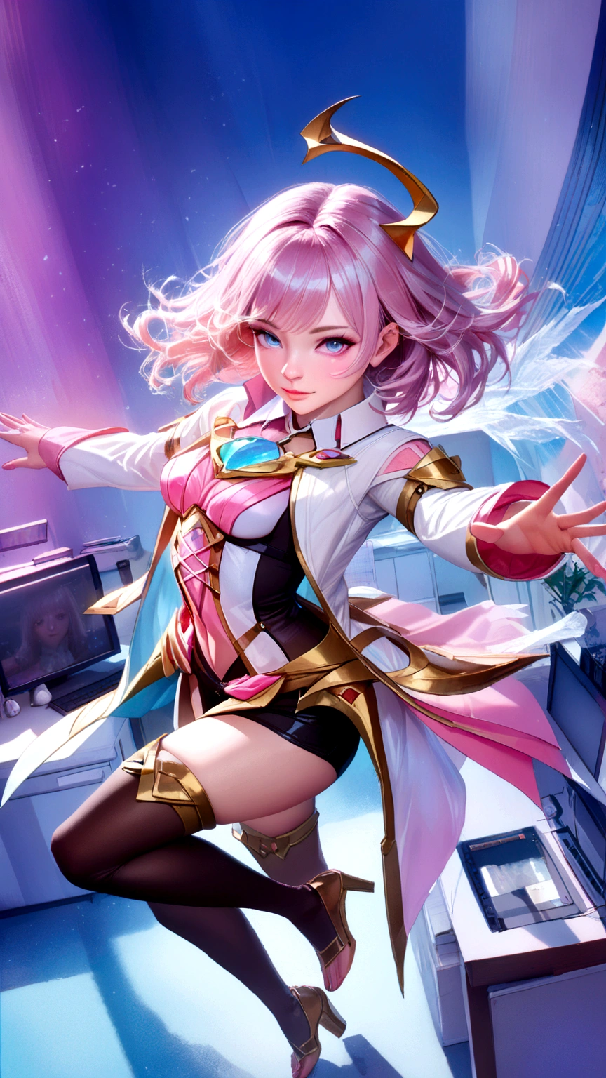 (RAW photo, best quality), (realistic, photo-realistic:1.3), masterpiece, an extremely delicate and beautiful, extremely detailed, CG, unity , 2k wallpaper, Amazing, finely detail, light smile, extremely detailed CG unity 8k wallpaper, huge filesize, ultra-detailed, highres, absurdres, soft light, (((medium hair:1.3), short bang, pink hair, floating hair novafrogstyle)), beautiful detailed girl, detailed fingers, extremely detailed eyes and face, beautiful detailed nose, beautiful detailed eyes, long eyelashes, light on face, looking at viewer, (closed mouth:1.2), 1girl, cute, young, mature face, (full body:1.3), ((small breasts)), realistic face, realistic body, beautiful detailed thigh, (ulzzang-6500-v1.1:0.8), business suit, cross-laced clothes, collared shirt, open clothes, in office, detailed office, open cardigan, black thighhighs, miniskirt, black underwear, unbuttoned shirt,