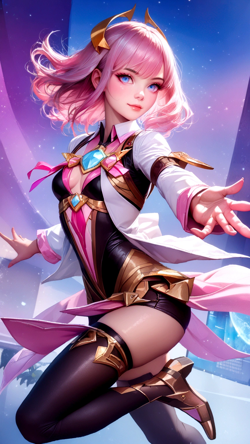 (RAW photo, best quality), (realistic, photo-realistic:1.3), masterpiece, an extremely delicate and beautiful, extremely detailed, CG, unity , 2k wallpaper, Amazing, finely detail, light smile, extremely detailed CG unity 8k wallpaper, huge filesize, ultra-detailed, highres, absurdres, soft light, (((medium hair:1.3), short bang, pink hair, floating hair novafrogstyle)), beautiful detailed girl, detailed fingers, extremely detailed eyes and face, beautiful detailed nose, beautiful detailed eyes, long eyelashes, light on face, looking at viewer, (closed mouth:1.2), 1girl, cute, young, mature face, (full body:1.3), ((small breasts)), realistic face, realistic body, beautiful detailed thigh, (ulzzang-6500-v1.1:0.8), business suit, cross-laced clothes, collared shirt, open clothes, in office, detailed office, open cardigan, black thighhighs, miniskirt, black underwear, unbuttoned shirt,