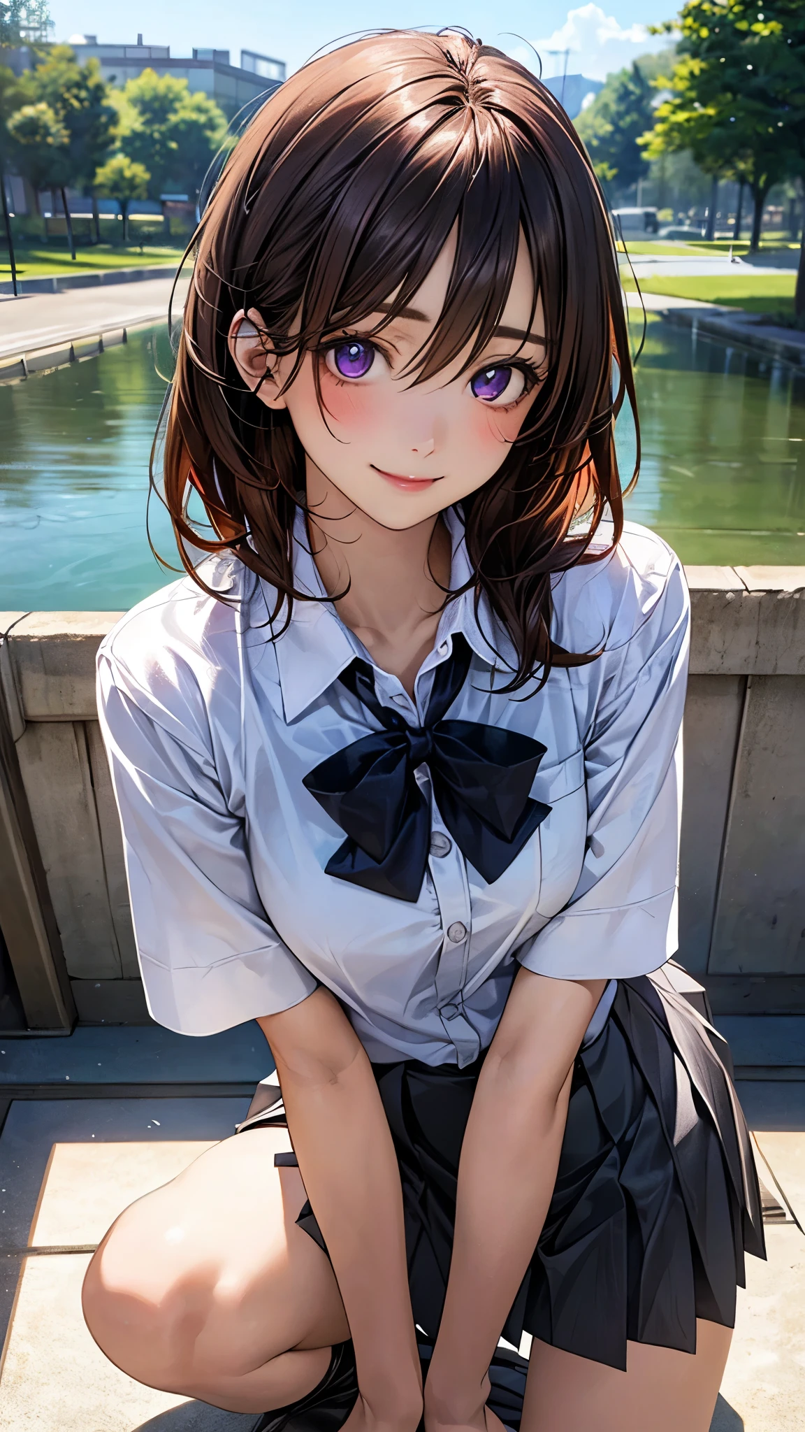 (masterpiece:1.2, top-quality), (realistic, photorealistic:1.4), beautiful illustration, (natural side lighting, movie lighting), nsfw,
looking at viewer, 1 girl, japanese, high school girl, (girl with a kitten on her head), perfect face, cute and symmetrical face, shiny skin,
(middle hair:1.5, two side up:1.2, brown hair), hair between eyes, purple eyes, long eye lasher, (medium breasts), slender, dark red hair ribbon,
beautiful hair, beautiful face, beautiful detailed eyes, beautiful clavicle, beautiful body, beautiful chest, beautiful thigh, beautiful legs, beautiful fingers,
((white collared shirts, grey box pleated mini skirt), dark red bow tie),
(beautiful scenery), evening, (riverside), all fours, (lovely smile, open mouse slightly),