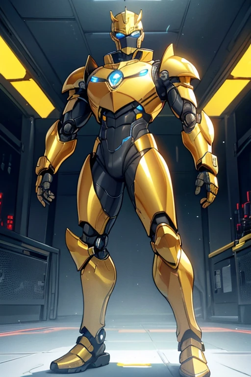 golden yellow body, blue eyes, robotic, robot, (((1boy))), (((golden yellow metal armor))), (black clawed cybernetic gauntlets), (black cybernetic boots), (faceless mask)
