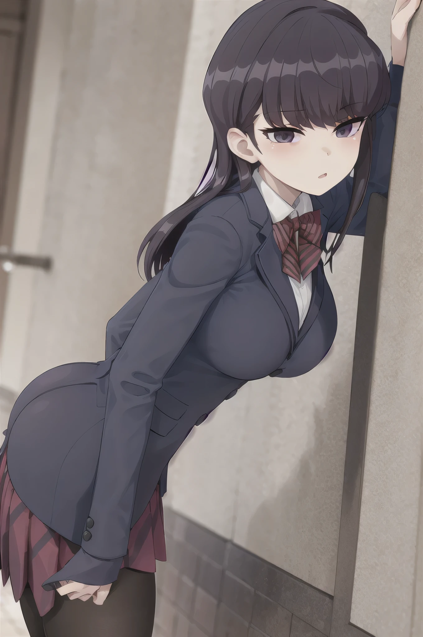 masterpiece, best quality, 1girl, solo, komi-san wa komyushou desu, ks , blue jacket, white shirt, striped bowtie, red skirt, big ass, black pantyhose, looking at viewer, hands on ass, against wall, grabbing her ass in a aggressive way, facing wall, (classroom), (NSFW), (grabbing her ass in a aggressive way), (hands on ass), cowboy shot, NSFW, rule 34 