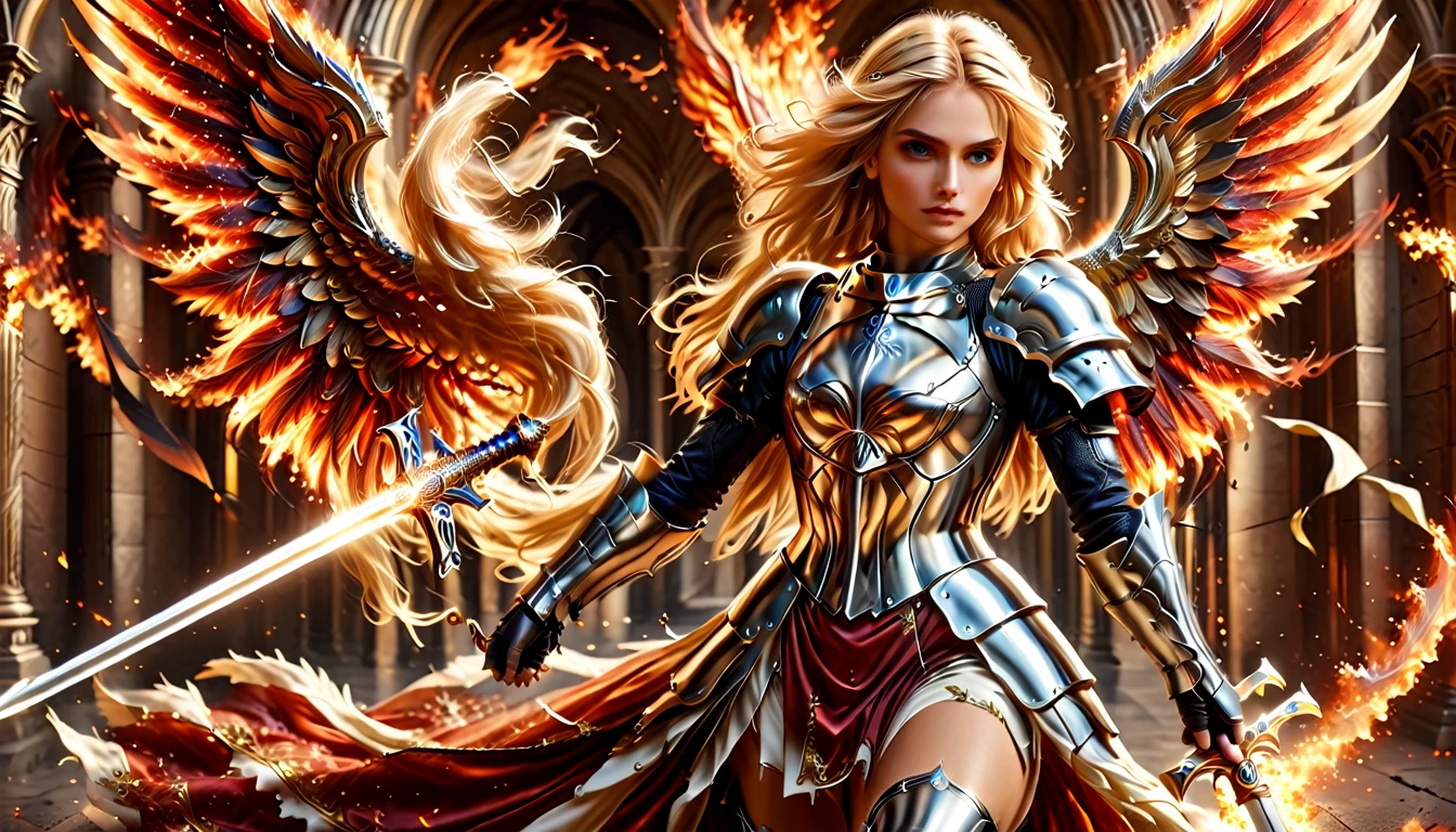 a (medieval masterwork fresco art) Italian renaissance style,  of a female angel knight, spread angelic wings, soft light, full body shot, ultra detailed face, determined expression, angel of justice and vengeance, blond hair, long hair, dynamic hair style, (wearing armor: 1.2), intricate details, wearing (thigh high heeled boots: 1.1) , (holding divine sword: 1.3), flaming sword, intense details, masterwork sword,  dynamic background(Masterpiece: 1.5), Vibrant, Ultra-high resolution, High Contrast, (masterpiece:1.2), highest quality, Best aesthetics), best details, best quality, highres, ultra wide angle, 16k, [ultra detailed], masterpiece, best quality, (extremely detailed), intense gaze, faize, raging nebula, ArmoredDress