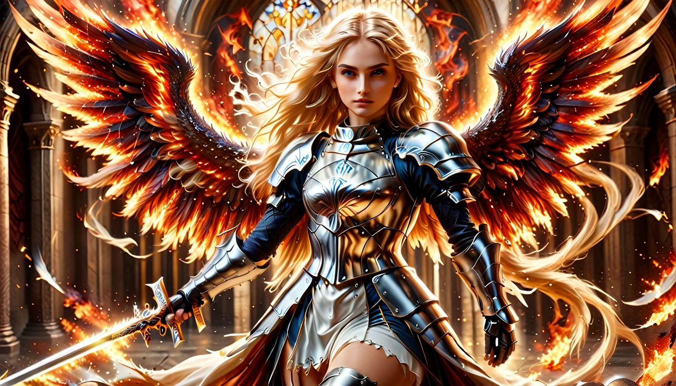 a (medieval masterwork fresco art) Italian renaissance style,  of a female angel knight, spread angelic wings, soft light, full body shot, ultra detailed face, determined expression, angel of justice and vengeance, blond hair, long hair, dynamic hair style, (wearing armor: 1.2), intricate details, wearing (thigh high heeled boots: 1.1) , (holding divine sword: 1.3), flaming sword, intense details, masterwork sword,  dynamic background(Masterpiece: 1.5), Vibrant, Ultra-high resolution, High Contrast, (masterpiece:1.2), highest quality, Best aesthetics), best details, best quality, highres, ultra wide angle, 16k, [ultra detailed], masterpiece, best quality, (extremely detailed), intense gaze, faize, raging nebula, ArmoredDress