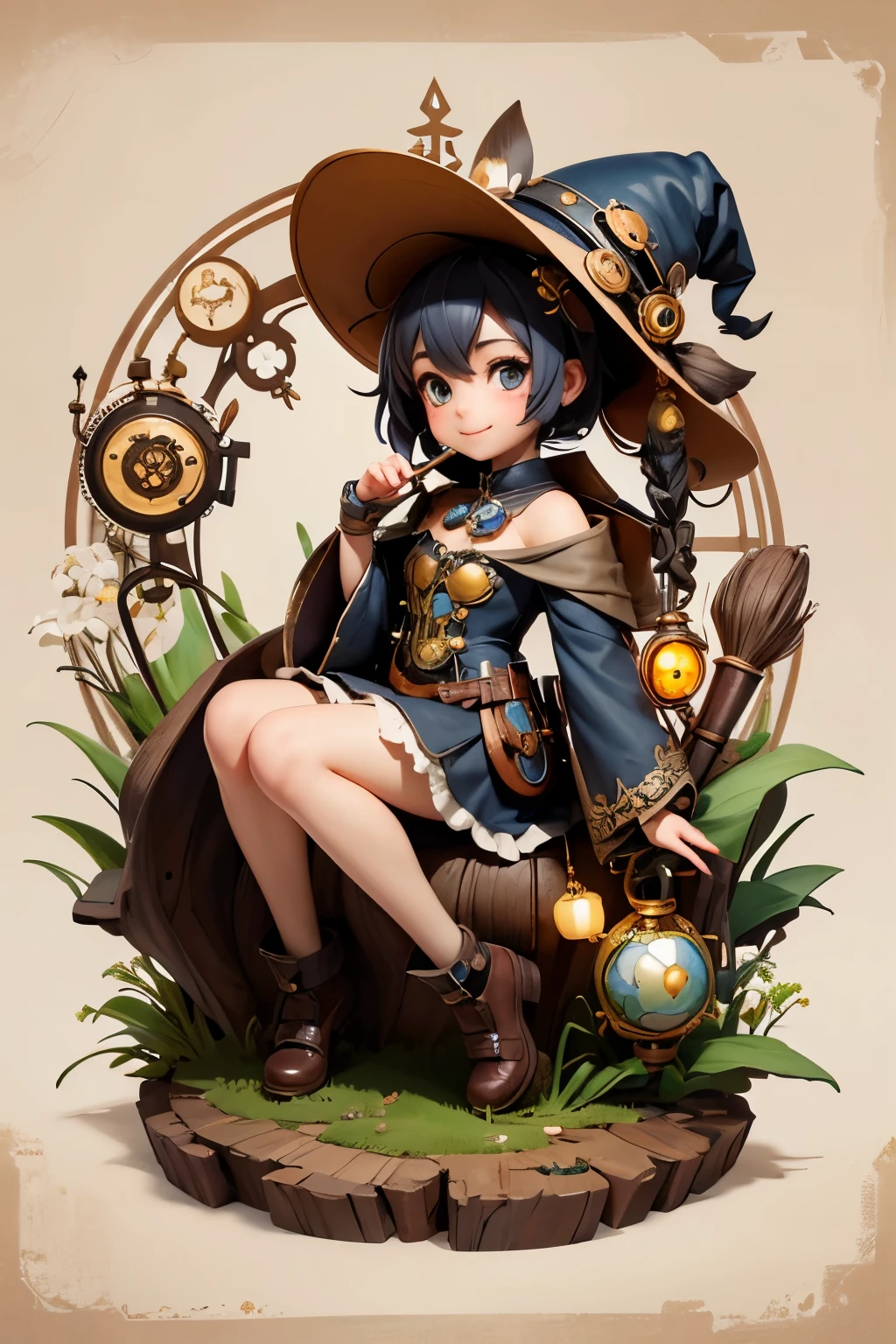 (Highest quality:1.3)。steampunkai。One Girl。little cute witch。Exploring fairyland with a broom on your shoulder。A curious smile。
