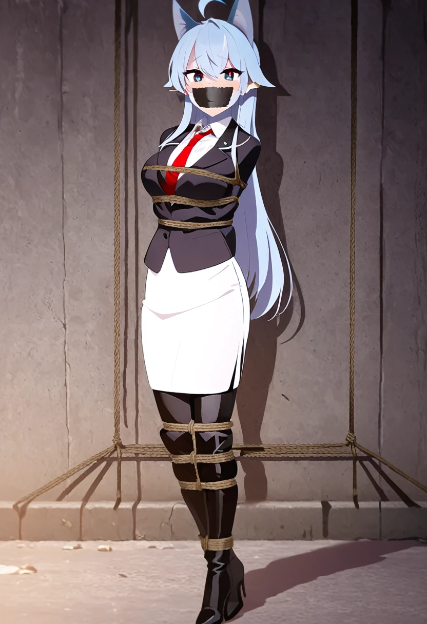 en, (bound with an excessive amount of ropes), (bound wirsts), (arms behind back), (tapegag, tape gag), dramatic, (looking at viewer), (detailed pupils:1.3) ,perfect famale body,The character has distinctive fin-like fish ears, suggesting a non-human or fantasy origin. She is dressed in a formal outfit consisting of a black blazer, a white shirt, a red tie, and a white skirt that flares out slightly at the bottom. She also wears black boots. The character's expression appears happy , and she is standing ,long skirt, pencil skirt ,long hair,blue hair,