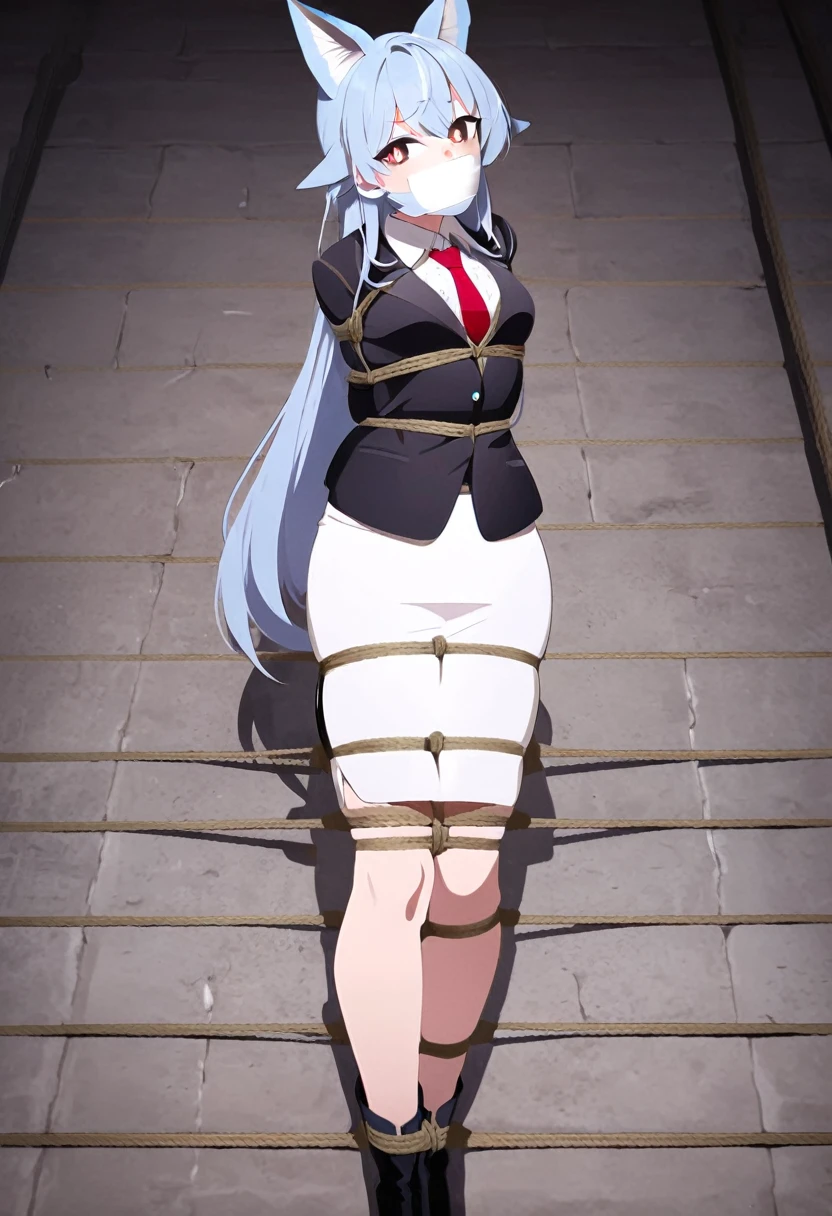 en, (bound with an excessive amount of ropes), (bound wirsts), (arms behind back), (tapegag, tape gag), dramatic, (looking at viewer), (detailed pupils:1.3) ,perfect famale body,The character has distinctive fin-like fish ears, suggesting a non-human or fantasy origin. She is dressed in a formal outfit consisting of a black blazer, a white shirt, a red tie, and a white skirt that flares out slightly at the bottom. She also wears black boots. The character's expression appears happy , and she is standing ,long skirt, pencil skirt ,long hair,blue hair,