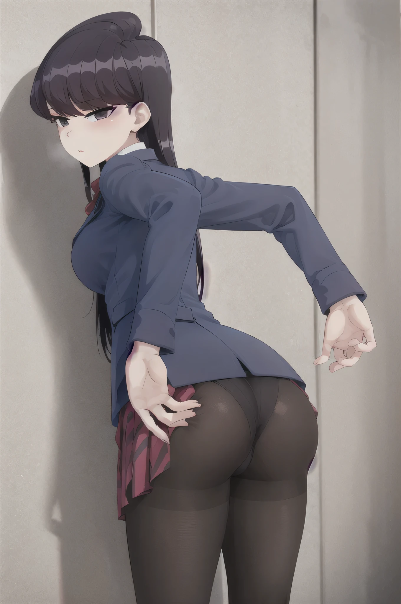 masterpiece, best quality, 1girl, solo, komi-san wa komyushou desu, ks , blue jacket, white shirt, striped bowtie, red skirt, big ass, black pantyhose, looking at viewer, hands on ass, against wall, grabbing her ass in a aggressive way, facing wall, (classroom), (NSFW), (grabbing her ass in a aggressive way), (hands on ass), cowboy shot, NSFW, rule 34 