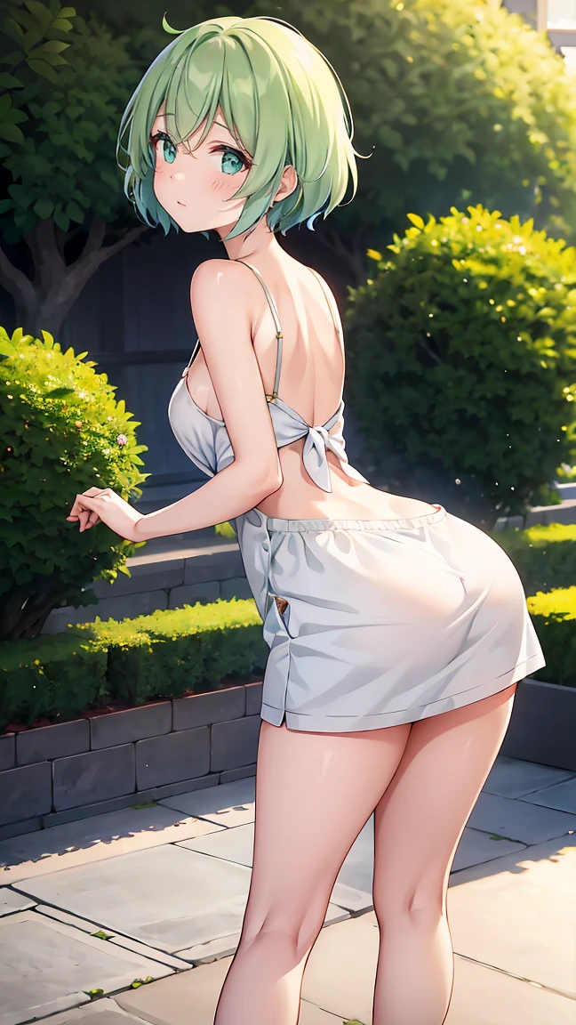 Girl with short green hair, Small breasts, Green Eyes, White Casual Wear Beauty Special、(((Peachy Butt))),Full body photo from head to toe、Leaning forward、A composition that makes the buttocks redundant、Beautiful feet、slender