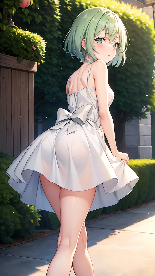 Girl with short green hair, Small breasts, Green Eyes, White Casual Wear Beauty Special、(((Peachy Butt))),Full body photo from head to toe、Leaning forward、A composition that makes the buttocks redundant、Beautiful feet、slender