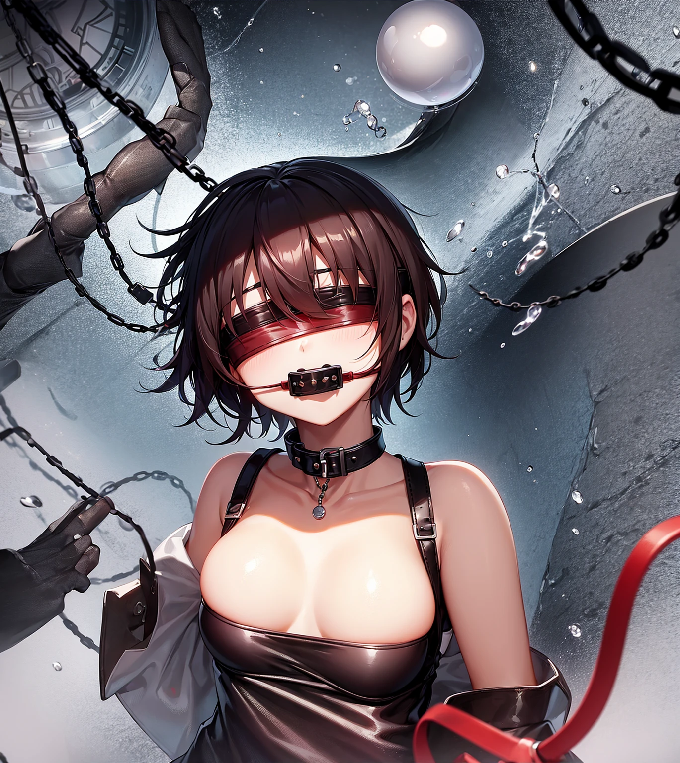 ((Slave Collar)),((Chain)),((((ball gag)))),((((red Leather blindfold)))),Luxurious,((Very short hair)),Are sleeping,Cute ,Tiny ,Small ,Childish face, Very fine clean face,Top quality, Subtle light, Soft lighting,Light from directly behind, With bust up,Front view,prison