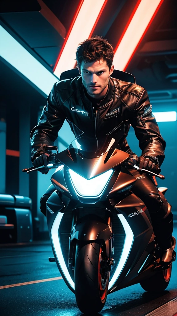 jamie dornan a man riding a futuristic motorcycle, detailed facial features, high quality, photorealistic, dynamic lighting, vibrant colors, cinematic composition, seamless technology integration, advanced engineering, sleek and aerodynamic design, chrome accents, glowing neon highlights, hovering mechanisms, advanced HUD interface, cutting-edge transportation, science fiction, cyberpunk aesthetic, advertising concept