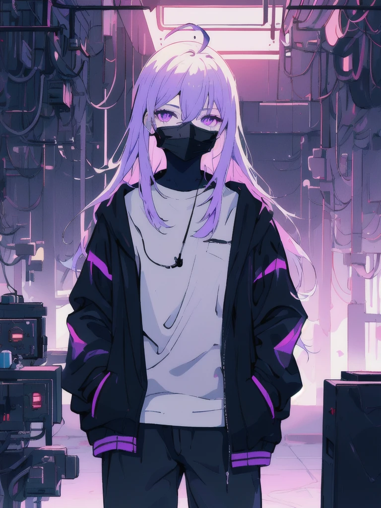 ((masterpiece)), (best quality), ((highres)), 4K, Detailed, (Ambient Light, Digital Art, Soft Lighting, extremely detailed 8K wallpaper:1.2), BREAK 1girl, solo, pale skin, violet eyes, violet hair, ahoge, (absurdly long hair:1.1), flat chest, cyberpunk scenery, black jacket, pants, shirt, night, hand in pocket, looking at viewer, hair between eyes, expressionless, rtx, neon light, black medical mask