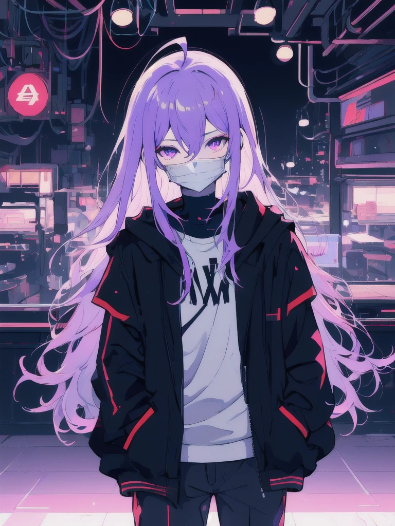 ((masterpiece)), (best quality), ((highres)), 4K, Detailed, (Ambient Light, Digital Art, Soft Lighting, extremely detailed 8K wallpaper:1.2), BREAK 1girl, solo, pale skin, violet eyes, violet hair, ahoge, (absurdly long hair:1.1), flat chest, cyberpunk scenery, black jacket, pants, shirt, night, hand in pocket, looking at viewer, hair between eyes, expressionless, rtx, neon light, black medical mask