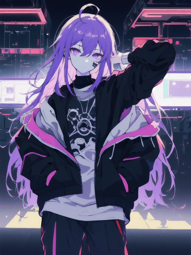 ((masterpiece)), (best quality), ((highres)), 4K, Detailed, (Ambient Light, Digital Art, Soft Lighting, extremely detailed 8K wallpaper:1.2), BREAK 1girl, solo, pale skin, violet eyes, violet hair, ahoge, (absurdly long hair:1.1), flat chest, cyberpunk scenery, black jacket, pants, shirt, night, hand in pocket, looking at viewer, hair between eyes, expressionless, rtx, neon light, black medical mask