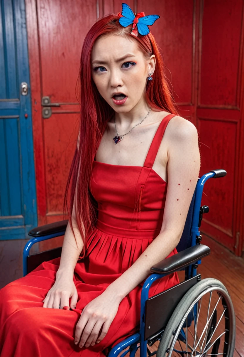 Uhd, photo of Cami, subject: Noriko, 1/2 Japanese 1/2 Hainu skinny girl in 2/00 a large red wheelchair with long red hair, blue+++ eyes, oval face, LGBTQIA+, queer, punk style, wearing red long dress, buttefly hairclip, tattooes.  She is very angry and looks towards the camera.. She is shouting. Background: red room.