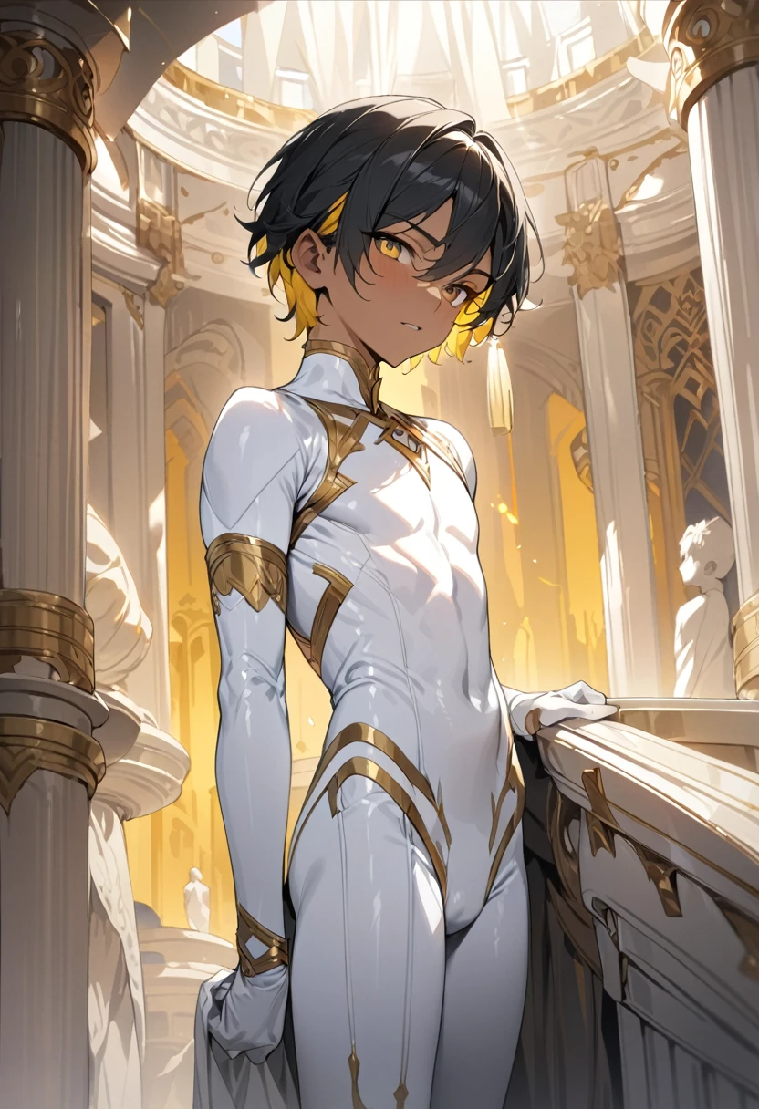 high quality,(best quality,4K,a high resolution,masterpiece:1.2),super detailed,(1 boy),(solo),juvenile,(Male juvenile),handsome and cute boy,black hair ,((yellow inner hair)),short hair,dark skin，white bodysuit ,golden eyes,Single photo,the white temple of light,magnificent palace background,