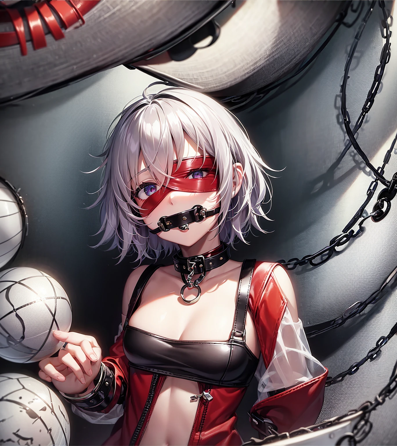 ((Slave Collar)),((Chain)),((((ball gag)))),((((red Leather blindfold)))),Luxurious,((Very short hair)),Are sleeping,Cute little ,Tiny ,Small girl,,Childish face, Very fine clean face,Top quality, Subtle light, Soft lighting,Light from directly behind, With bust up,Front view,prison