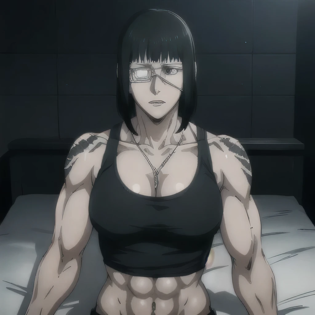 (best quality,ultra-detailed,realistic:1.37),musclaur badass girl with sculpted body have a tattoos ,full review of the female character face and body, intense expression, strong and confident posture, studio lighting, vivid colors, physiologically-based rendering, grungy texture, rugged background, dust particles in the air, commanding presence, professional, powerful, gritty aesthetics,Valmet،short hair,necklace,eyepatch,handsome look,gym,wearing black sport tank top and black gym short,Shining muscles,veins in muscles,1girl,six-pack,perfect muscles,1girl,bedroom,lying on bed,sleeping,rests on her arm
