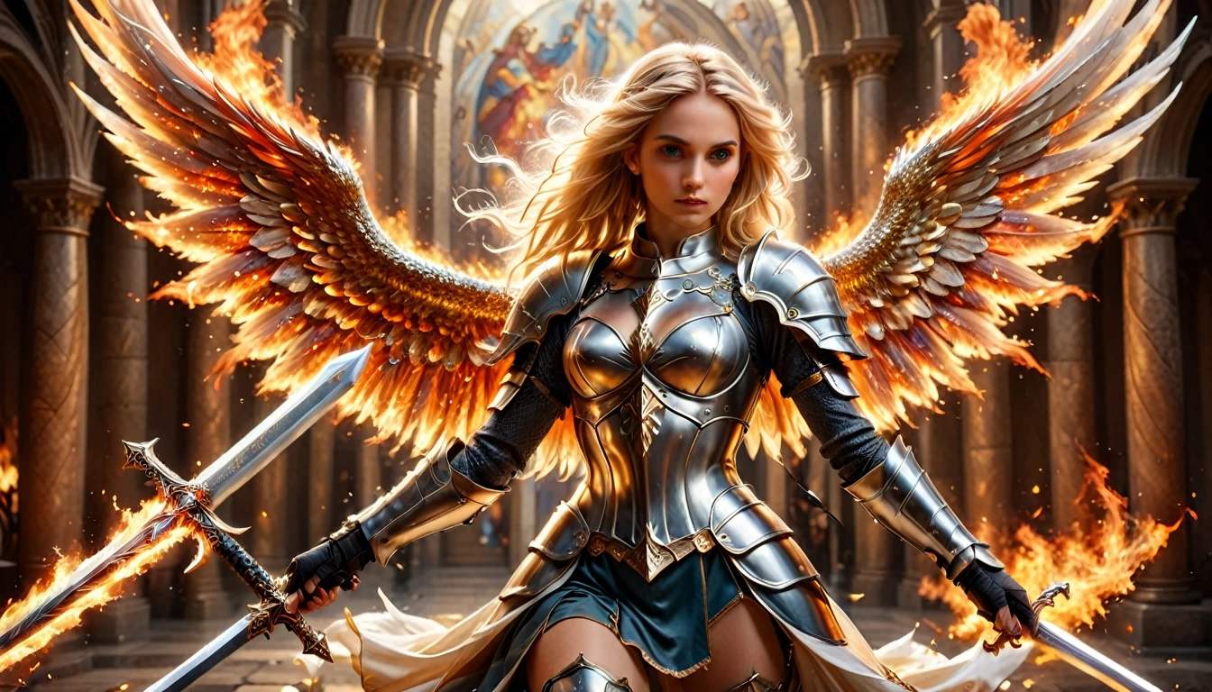 a (medieval masterwork fresco art) Italian renaissance style, of a female angel knight, spread angelic wings, soft light, full body shot, ultra detailed face, determined expression, angel of justice and vengeance, blond hair, long hair, dynamic hair style, (wearing armor: 1.2), intricate details, wearing (thigh high heeled boots: 1.1) , (holding divine sword: 1.3), flaming sword, intense details, masterwork sword, dynamic background(Masterpiece: 1.5), Vibrant, Ultra-high resolution, High Contrast, (masterpiece:1.2), highest quality, Best aesthetics), best details, best quality, highres, ultra wide angle, 16k, [ultra detailed], masterpiece, best quality, (extremely detailed), intense gaze, faize, raging nebula, ArmoredDress