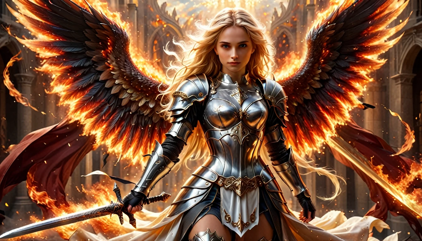 a (medieval masterwork fresco art) Italian renaissance style, of a female angel knight, spread angelic wings, soft light, full body shot, ultra detailed face, determined expression, angel of justice and vengeance, blond hair, long hair, dynamic hair style, (wearing armor: 1.2), intricate details, wearing (thigh high heeled boots: 1.1) , (holding divine sword: 1.3), flaming sword, intense details, masterwork sword, dynamic background(Masterpiece: 1.5), Vibrant, Ultra-high resolution, High Contrast, (masterpiece:1.2), highest quality, Best aesthetics), best details, best quality, highres, ultra wide angle, 16k, [ultra detailed], masterpiece, best quality, (extremely detailed), intense gaze, faize, raging nebula, ArmoredDress