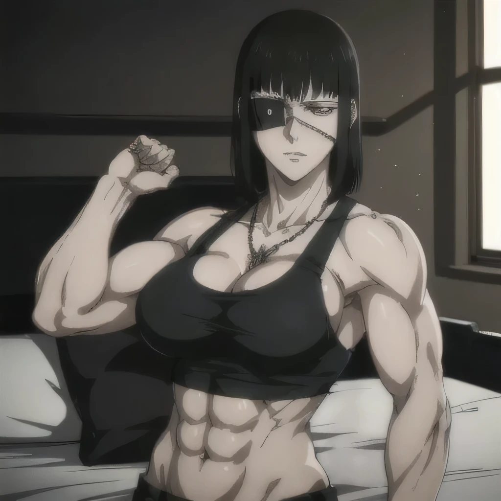 (best quality,ultra-detailed,realistic:1.37),musclaur badass girl with sculpted body have a tattoos ,full review of the female character face and body, intense expression, strong and confident posture, studio lighting, vivid colors, physiologically-based rendering, grungy texture, rugged background, dust particles in the air, commanding presence, professional, powerful, gritty aesthetics,Valmet،short hair,necklace,eyepatch,handsome look,gym,wearing black sport tank top and black gym short,Shining muscles,veins in muscles,1girl,six-pack,perfect muscles,1girl,bedroom,lying on bed,sleeping,rests on her arm