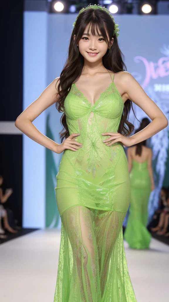 Amazingly large eyes、Smiling face、Large Bust、Slender and white skin、Long hair Japanese woman、20-year-old、Slim figure、A sexy, sheer, bright green mermaid dress with a mini length and sheer lace all over.、Bright photo images、Walking towards me down the runway at a fashion show。