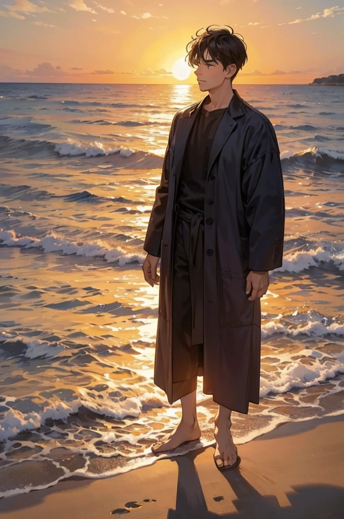 A man standing on the beach at sunset, in the style of an Impressionist oil painting. The man is silhouetted against the setting sun, which casts long shadows across the sand. The colors are warm and vibrant, with brushstrokes visible throughout the image.