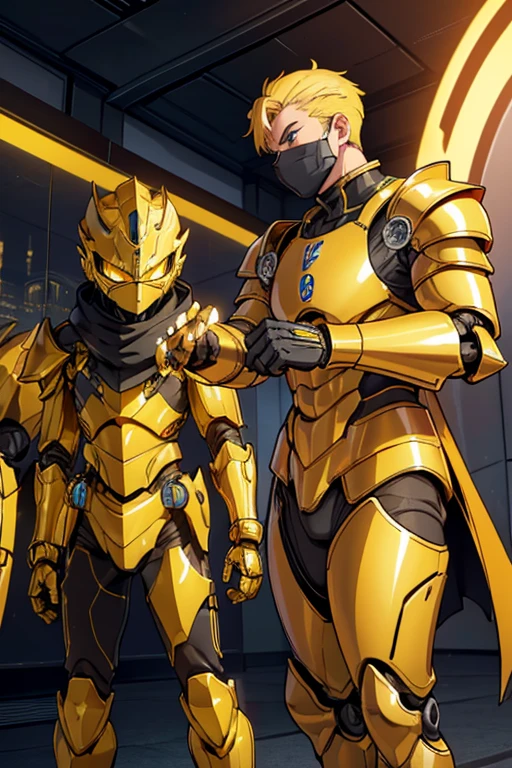 golden yellow body, blue eyes, robotic, robot, (((1boy))), (((golden yellow metal armor))), (black clawed cybernetic gauntlets), (black cybernetic boots), (faceless mask), golden yellow hip guards)
