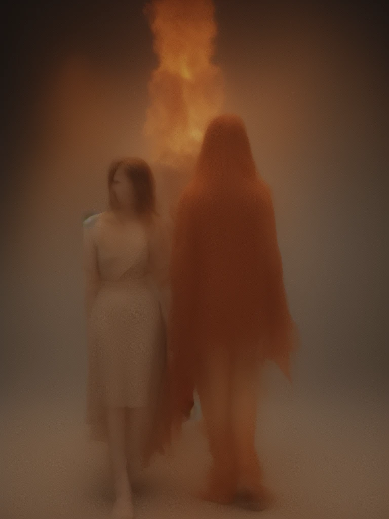 Flame bird and woman standing in the back