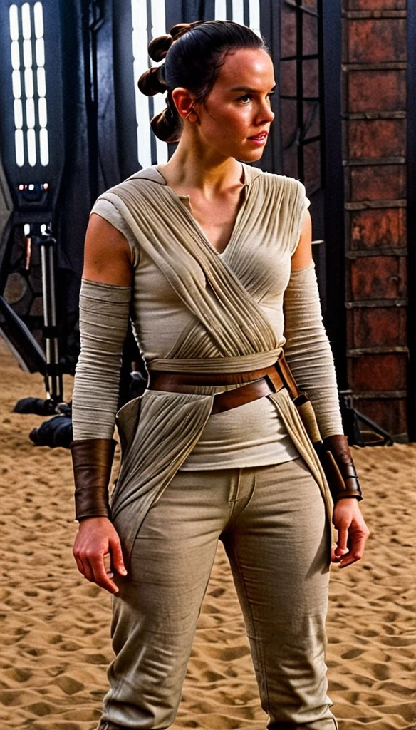 cinematic film still rey, highly detailed, high budget Hollywood movie by barry jenkins, ((she is showing her very small ass)), (nsfw), solo 1 woman, ass is focus but its still covered in the pants, (sideprofile), rey wears her outfit without scarves, very flat small breasts covered behind the clothes, the foto is shot from the side and shows rey