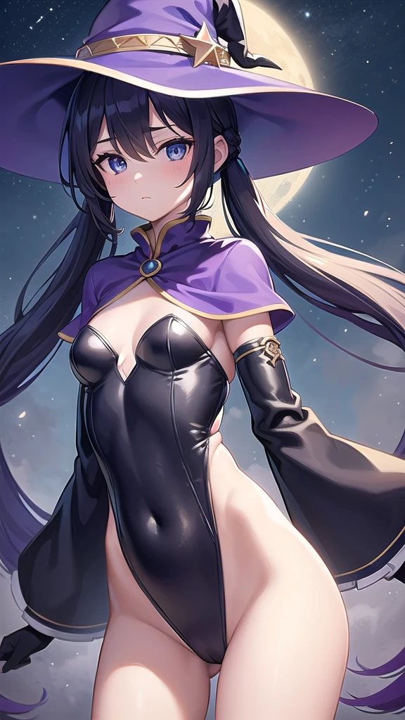monamegistus, mona, blue eyes, hair between eyes, twintails, very long hair, purple hair, hat, (small breast:1.2), witch hat,
BREAK black bodysuit, black gloves, blue sleeves, bodysuit, capelet, covered navel, detached sleeves, gloves, high heels, leotard, long hair, long sleeves, multicolored sleeves, purple capelet, purple sleeves, strapless, strapless leotard,
BREAK outdoors, castle, night, moon, lights, stars, starfall,
BREAK looking at viewer, (cowboy shot:1.5),
BREAK (masterpiece:1.2), best quality, high resolution, unity 8k wallpaper, (illustration:0.8), (beautiful detailed eyes:1.6), extremely detailed face, perfect lighting, extremely detailed CG, (perfect hands, perfect anatomy),