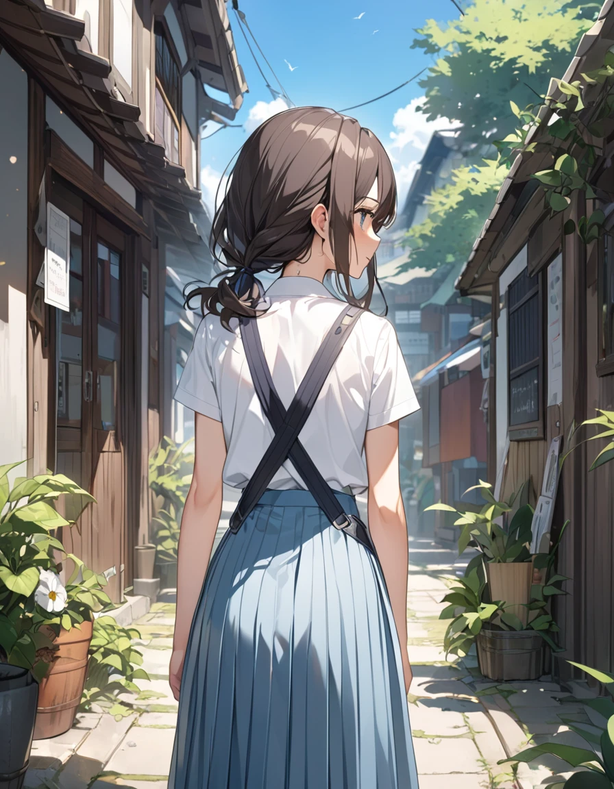 (Highest qualityのイラスト:1.2), (pretty girl:1.1), (1 girl、17 years old、Highest qualityのイラスト:1.2), (1 girl、Small breasts、blue eyes)、 Brown Hair、short hair、Wavy Hair、Curly Hair、Low Twintails、(Highest quality、Very detailed、Very detailed and beautiful、Ultra-high resolution) 、,{white business shirt:1.2、Short sleeve、Grey pleated skirt、medium long skirt}、Outdoor、summer、blue sky、Small breasts、from behind