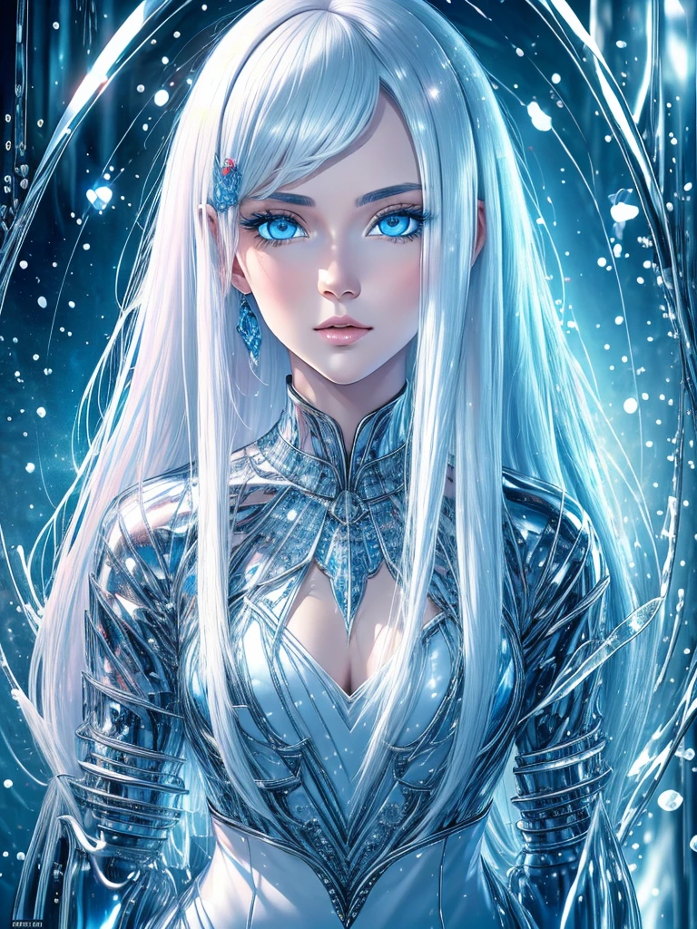 best quality, 32k, RAW photo, incredibly absurdres, extremely detailed, intelligent beauty, white hair, great proportion, blue eyes