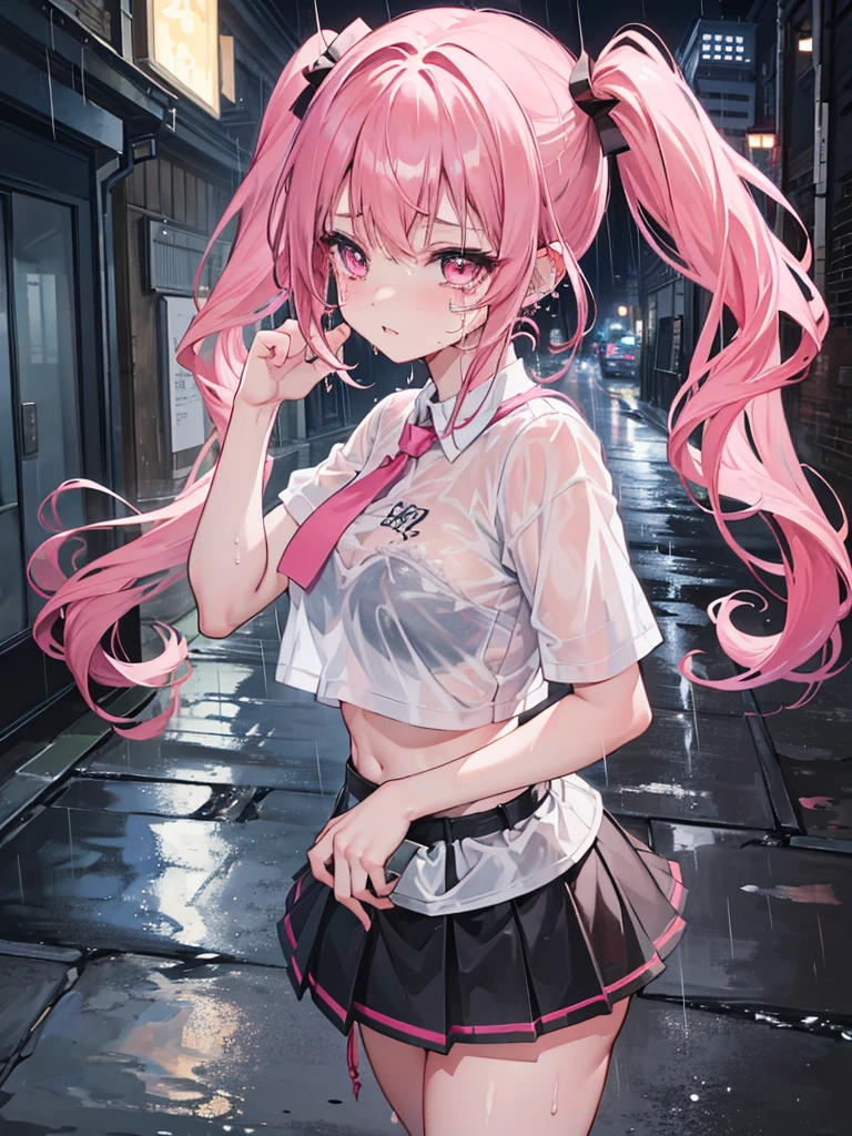 (8K、Top image quality、top-quality、​masterpiece)、A detailed face、1 girl in、A pink-haired、((twintails))、Pink eyes、piercings、cry、((is crying))、large full breasts、white  shirt、((Bra visible through clothes))、((wet clothes))、Black pleated skirt、((a miniskirt))、thighs、cowboy  shot、((POV))、((Rain shakes))、Wet asphalt、((Back alley background at night)), camel toe, กางเกงในสีขาว, กางขา,